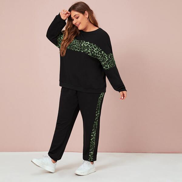 

Plus Leopard Panel Sweatshirt & Joggers Set, Black