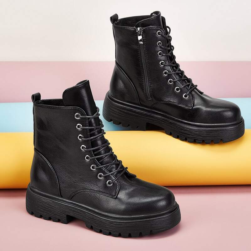

Lace-up Front Side Zip Combat Boots, Black