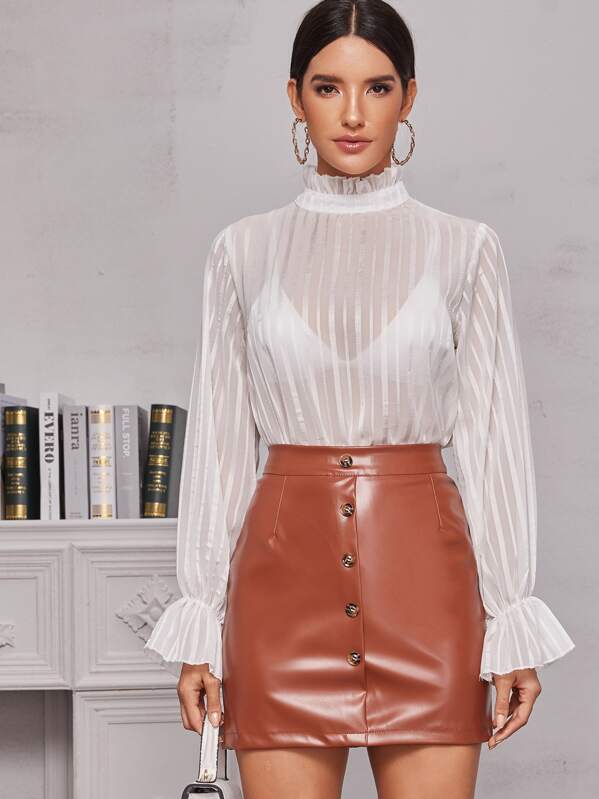 

Zip Back Frill Neck Satin Blouse, White, Juliana