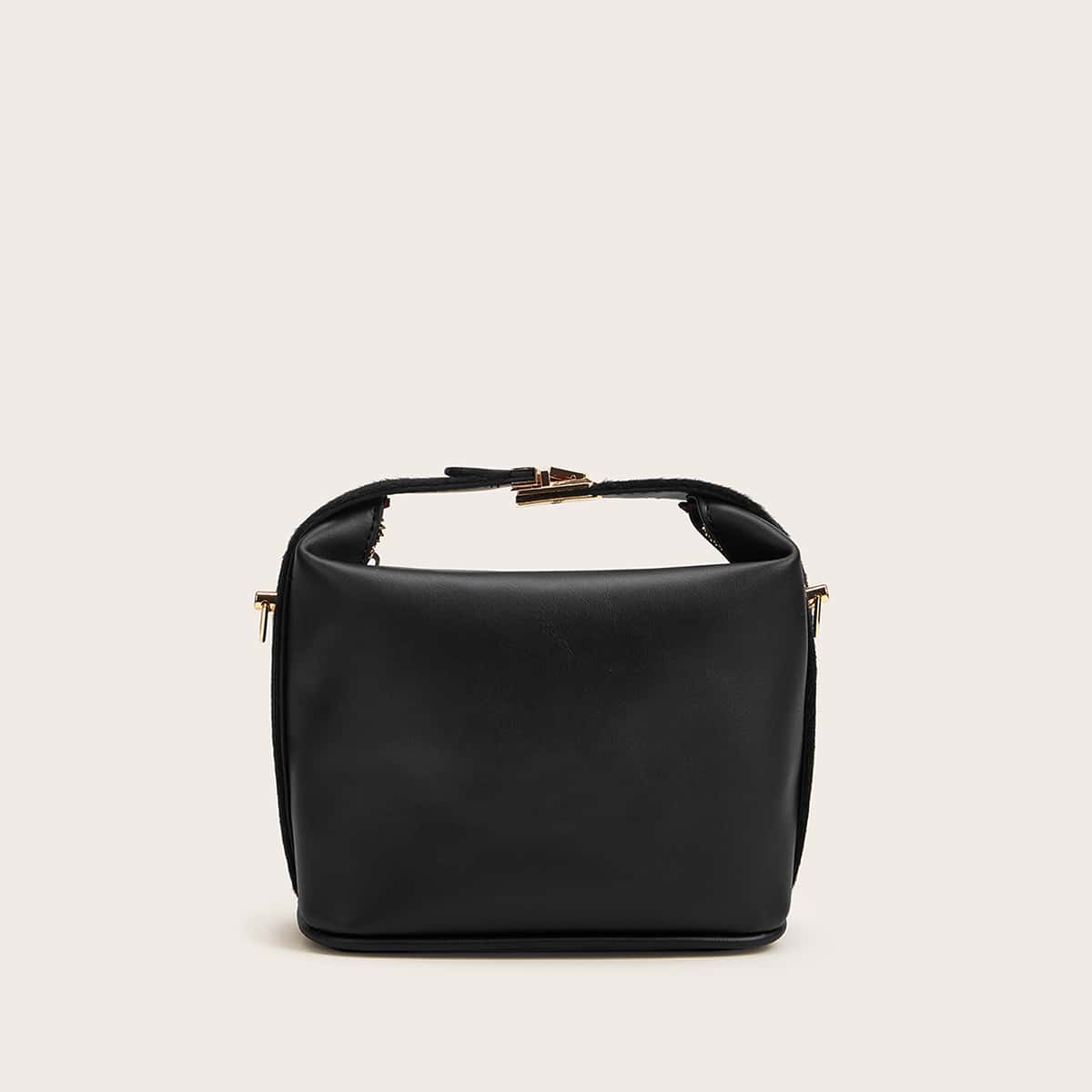 

Metal Lock Handle Satchel Bag, Black