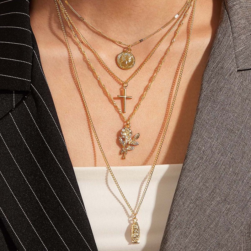 

1pc Flower & Cross Charm Layered Necklace, Gold