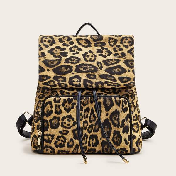 

Leopard Pocket Front Drawstring Backpack, Multicolor