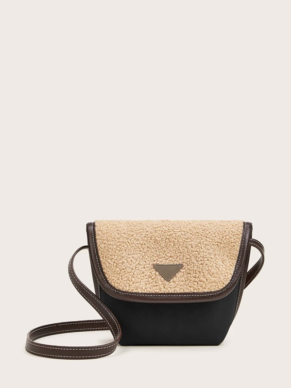 

Contrast Faux Fur Flap Crossbody Bag, Black