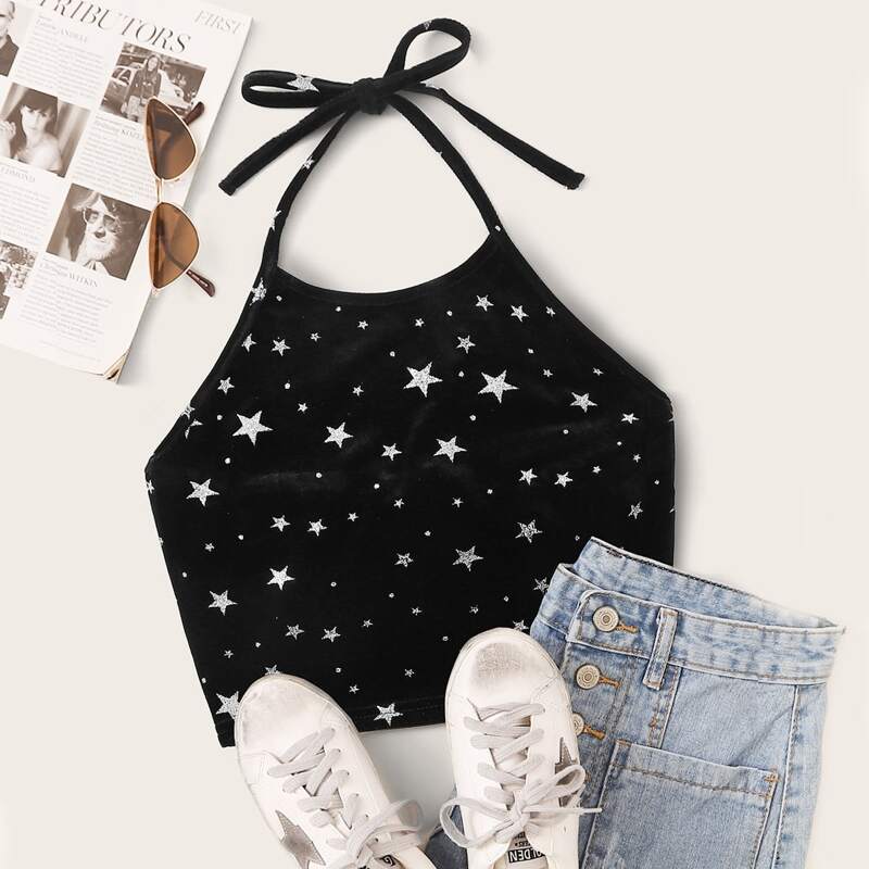 

Star Print Velvet Halter Crop Top, Black
