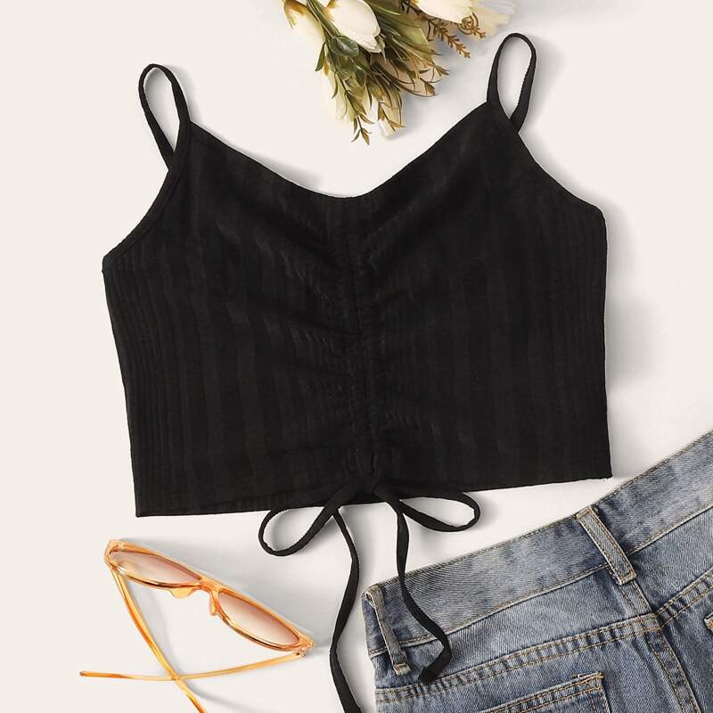 

Solid Drawstring Front Cami Top, Black
