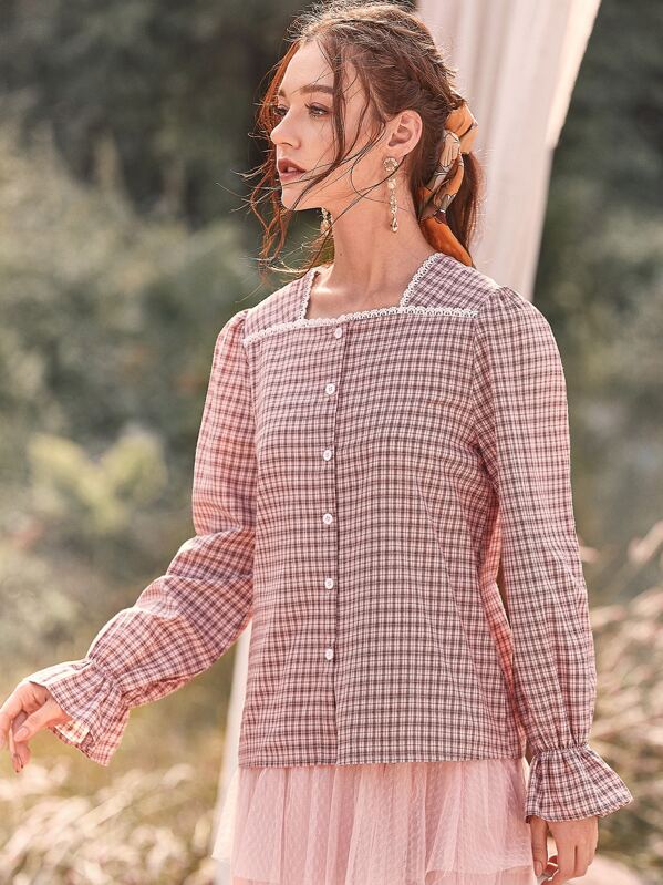 

Contrast Lace Trim Plaid Blouse, Pink, Poly