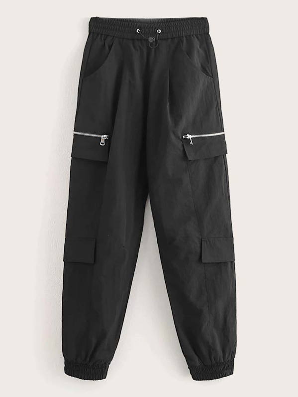 

Solid Zipper Detail Cargo Pants, Black