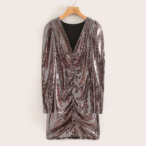 

Glitter Ruched Front V-Neck Dress, Brown