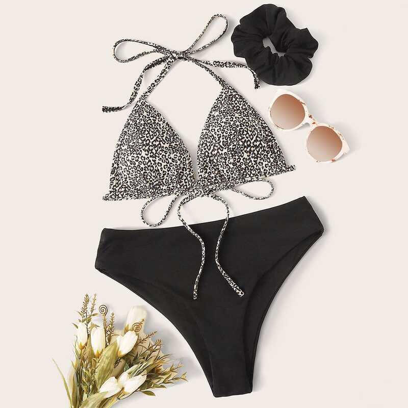 

Leopard Triangle Top With High Cut Bikini Set & Simple Scrunchie, Multicolor