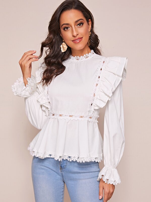 

Zipper Back Guipure Lace & Ruffle Detail Peplum Blouse, White, Mary P.
