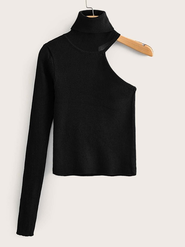 

Ribbed Knit Asymmetrical Neck Jumper, Black