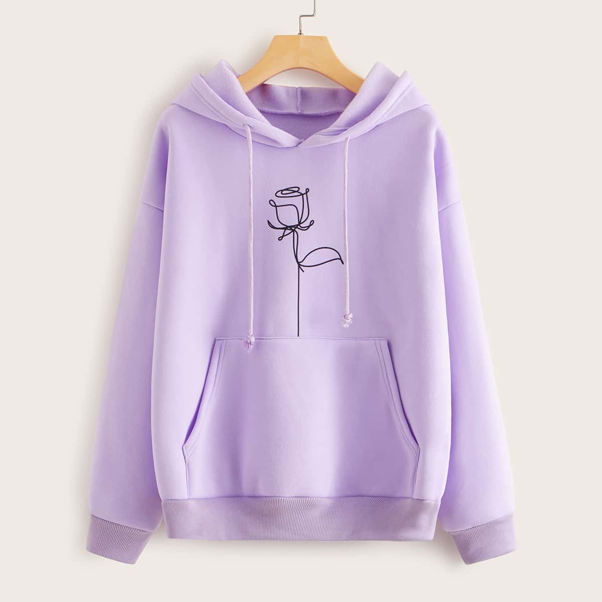 

Rose Print Kangaroo Pocket Hoodie, Purple