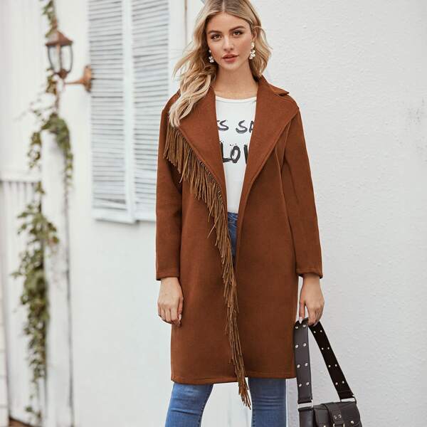 

Fringe Lapel Collar Open Front Coat, Brown
