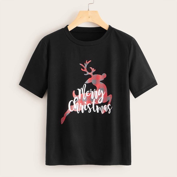 

Christmas New Year & Letter Graphic Tee, Black