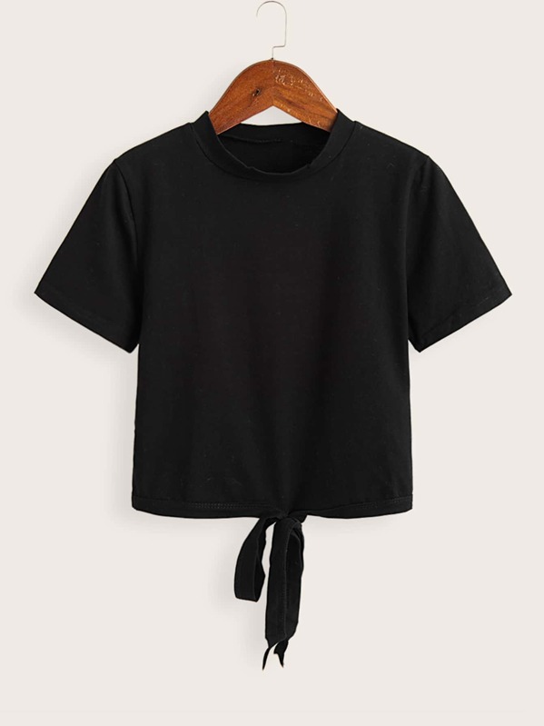 

Solid Tie Front Short Sleeve Tee, Black