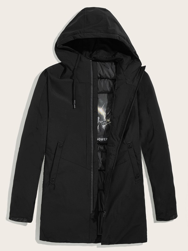 

Men Slant Pocket Drawstring Hooded Coat, Black