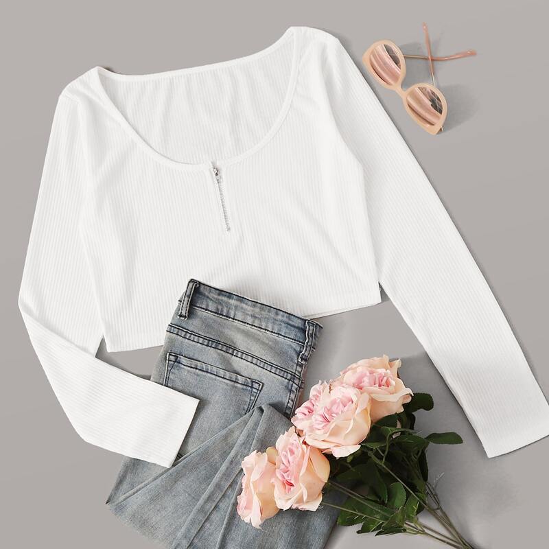 

Solid Zip Front Crop Ribbed Tee, White