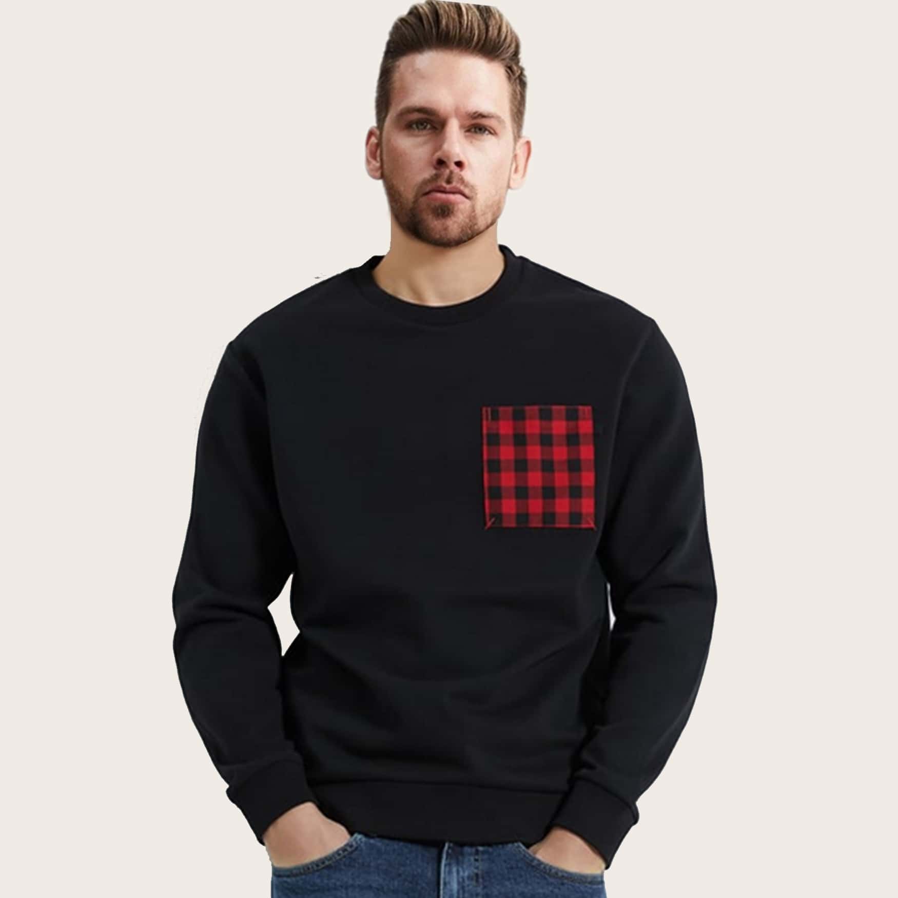 

Guys Gingham Pocket Patched Sweatshirt, Black