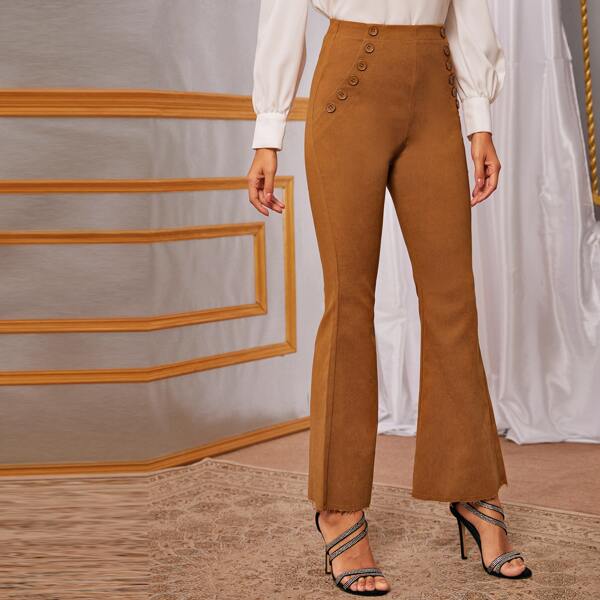 

Zip Back Button Detail Flare Leg Pants, Camel