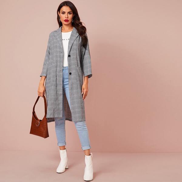 

Plaid Print Lapel Collar Coat, Grey