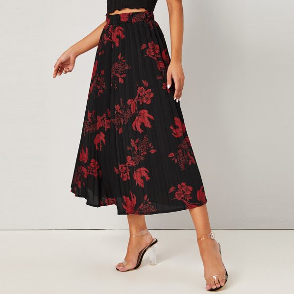 

Floral Print Elastic Waist Pleated Skirt, Black