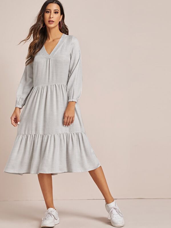 

Solid V-Neck Babydoll Dress, Grey, Gabe