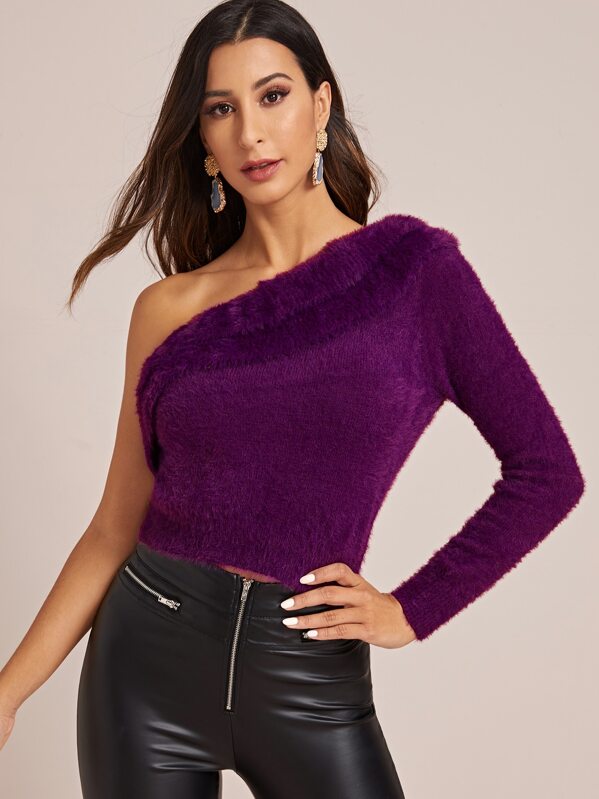 

One Shoulder Foldover Fuzzy Sweater, Purple, Gabe