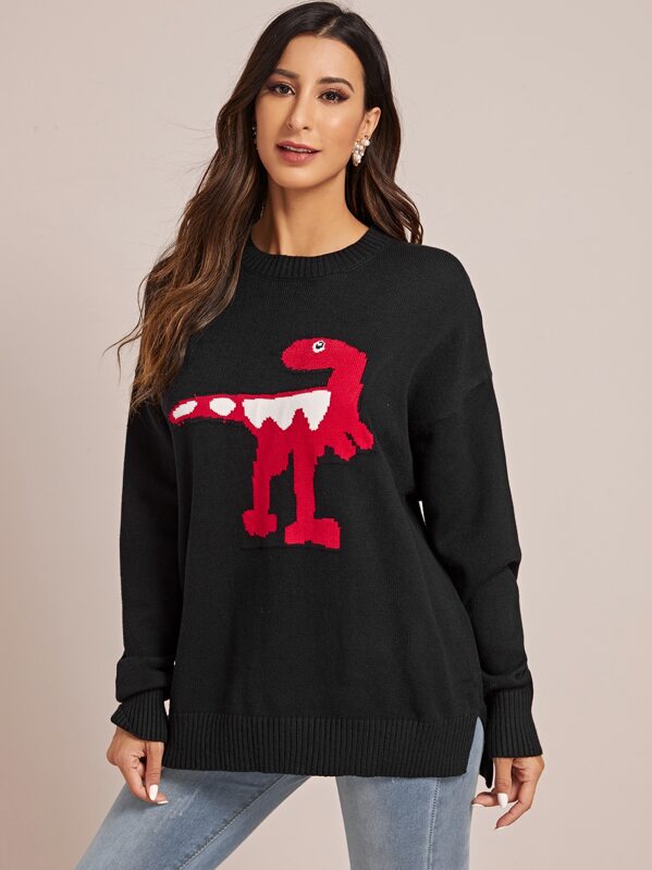 

Cartoon Dinosaur Pattern Side Split Sweater, Black, Gabe