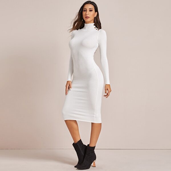 

Turtleneck Ribbed Knit Sweater Dress, White