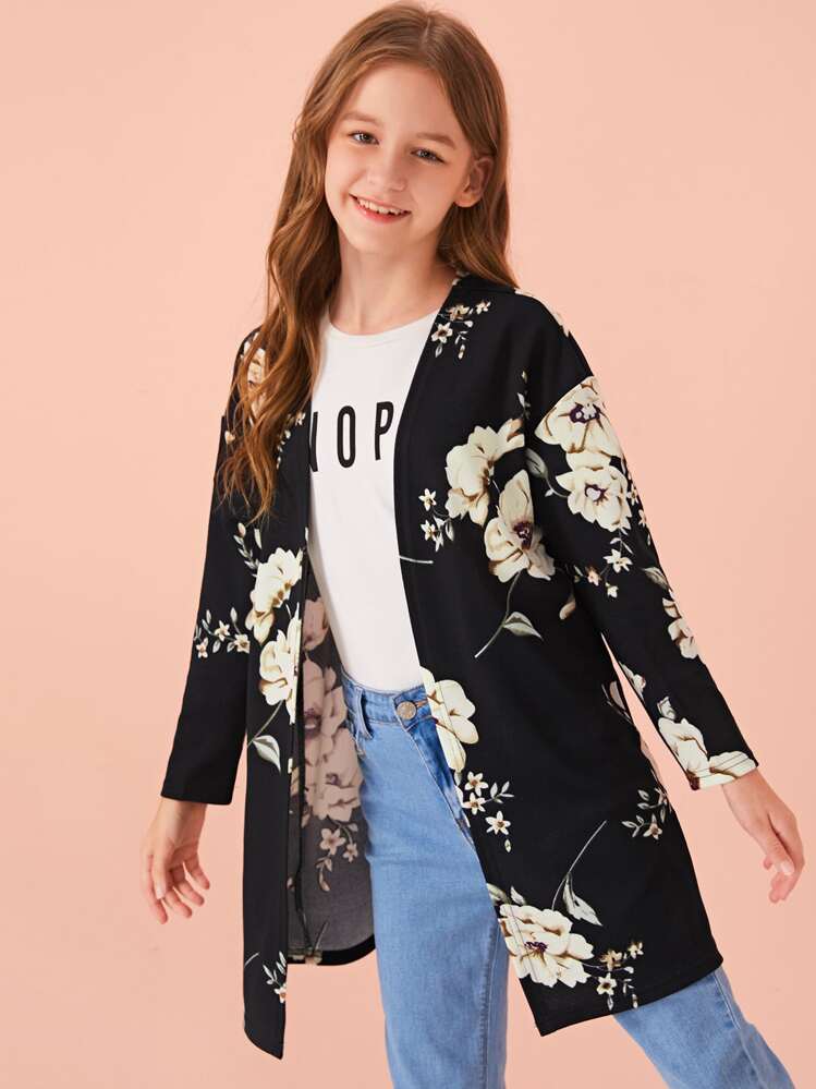 SHEIN Chaqueta de niñas con estampado floral de hombros caídos de parte delantera abierta - Blanco y Negro - Añade 1