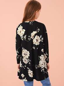SHEIN Girls Open Front Drop Shoulder Floral Print Coat - Black and White - View 2