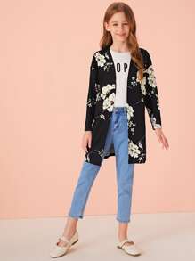 SHEIN Girls Open Front Drop Shoulder Floral Print Coat - Black and White - View 3