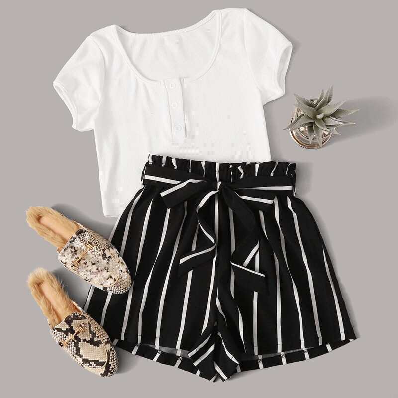 

Half Button Ribbed Tee & Striped Belted Paperbag Shorts, Black and white