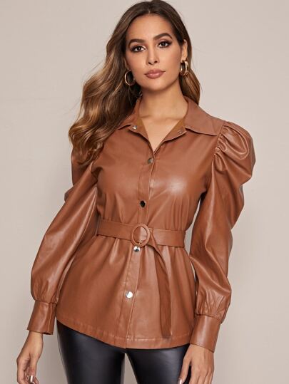 Veste en cuir PU ceinturée à manches gigot