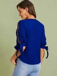 SHEIN Privé Pearl Beaded Knot Cuff Split Sleeve Top - Royal Blue - View 3