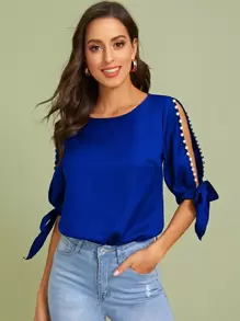 SHEIN Privé Pearl Beaded Knot Cuff Split Sleeve Top - Royal Blue - View 6