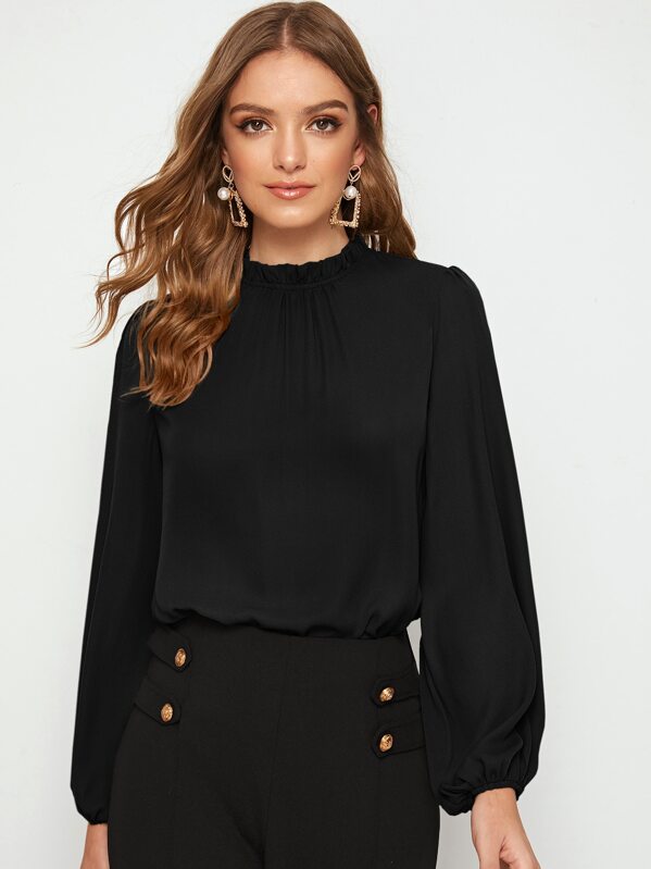 

Frilled Neck Bishop Sleeve Blouse, Black, Luiza