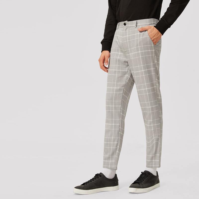 

Guys Slant Pocket Plaid Tailored Pants, Grey