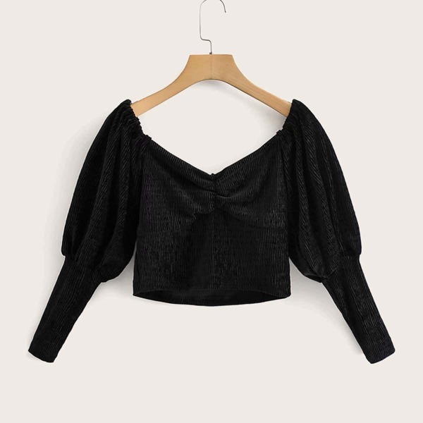 

Leg-Of-Mutton Sleeve V-Neck Velvet Blouse, Black