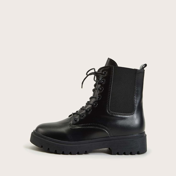 

Lace-up Front Knit Panel Boots, Black
