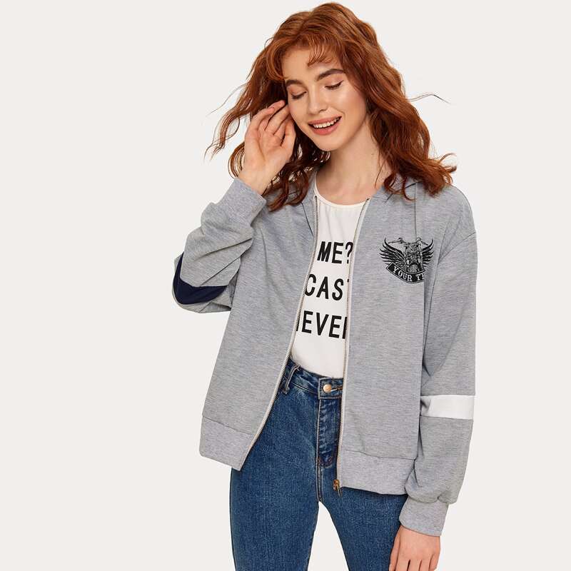 

Letter & Graphic Print Zip-up Hoodie, Grey