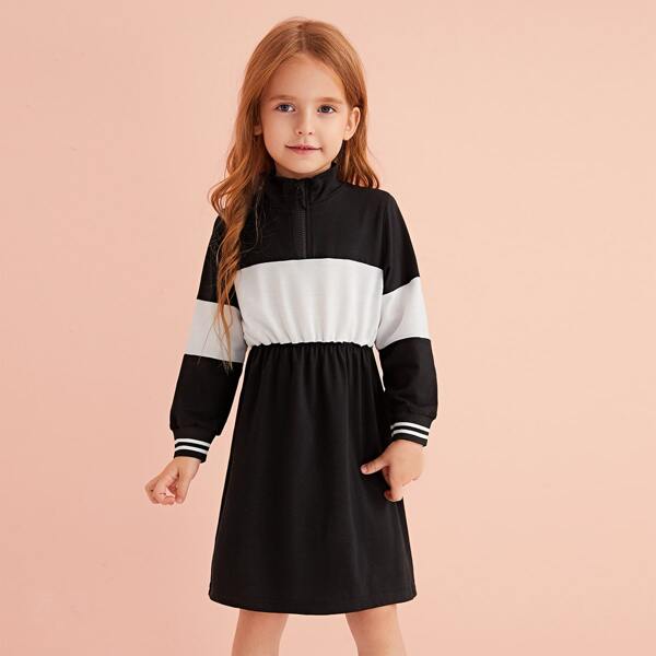 

Toddler Girls Contrast Panel Quarter Zipper A-line Dress, Black and white