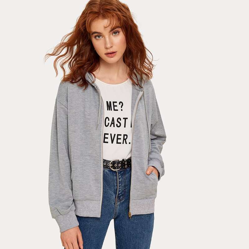 

Pocket Front Drawstring Zip-up Hoodie, Grey