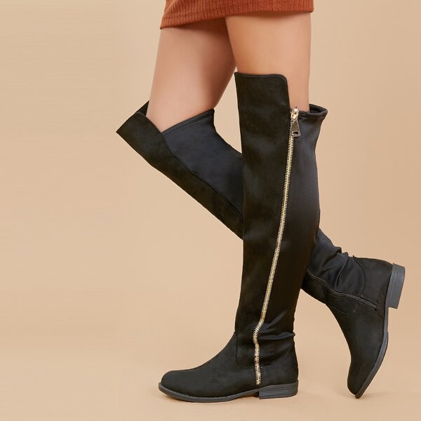 

Round Toe Side Zipper Over The Knee Boots, Black