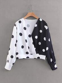 Polka Dot Color-Block Surplice Front Blouse