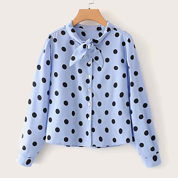 

Polka Dot Tie Neck Blouse, Blue