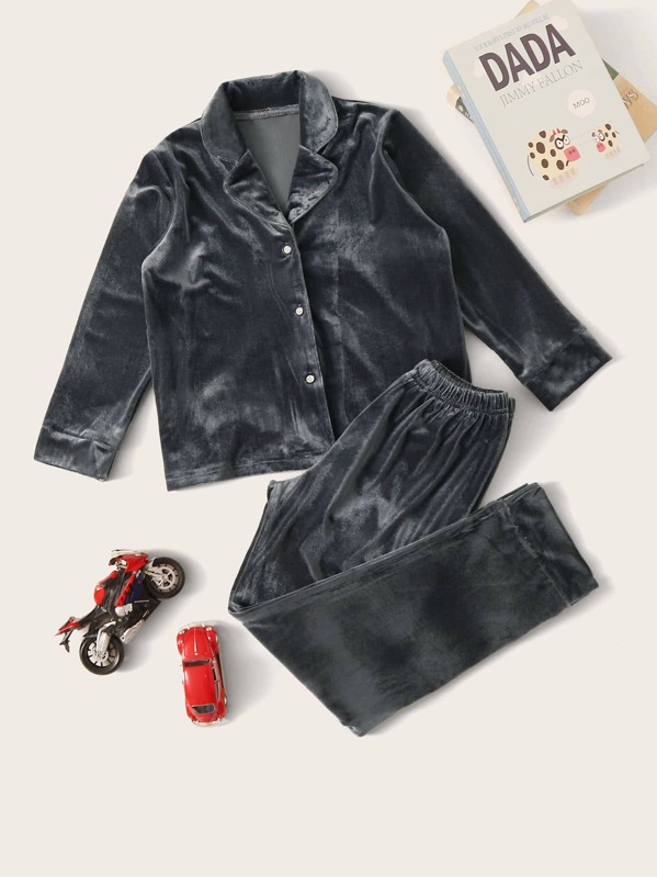 

Boys Button-up Velvet PJ Set, Grey
