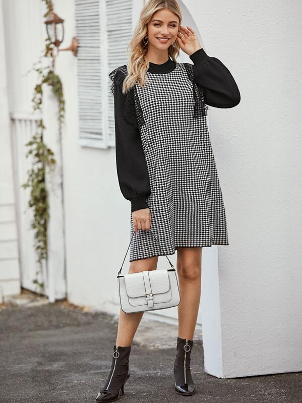 

Houndstooth Print Contrast Lace Combo Dress, Black and white, Nathane