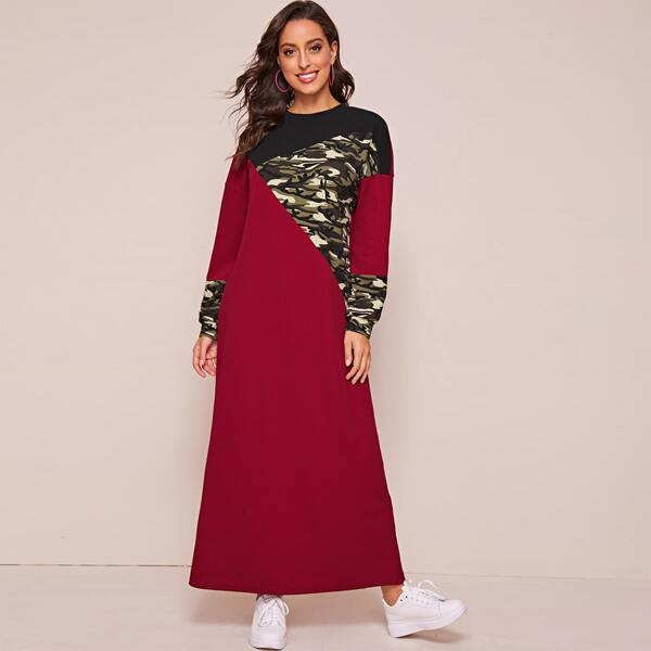 

Drop Shoulder Camo Color Block Maxi Dress, Burgundy