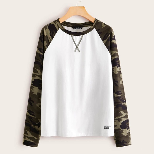 

Camo Print Raglan Sleeve Tee, White